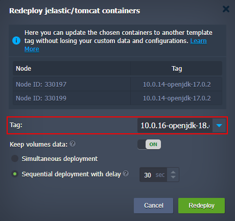 redeploy containers dialog