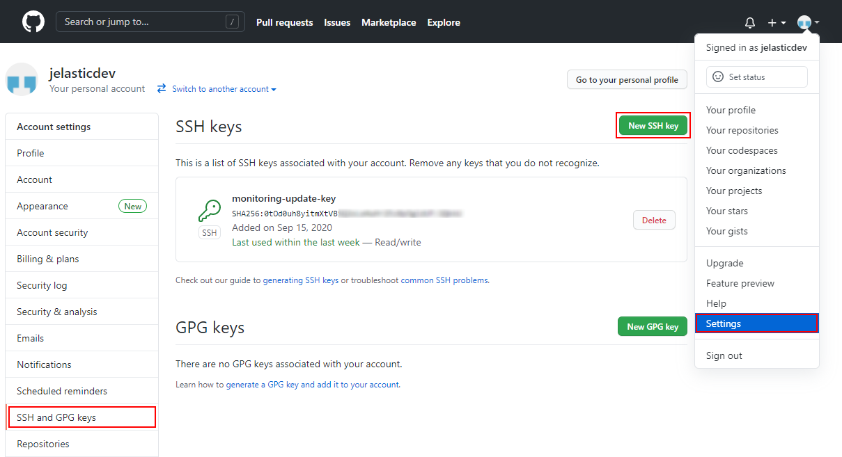 GitHub SSH keys settings