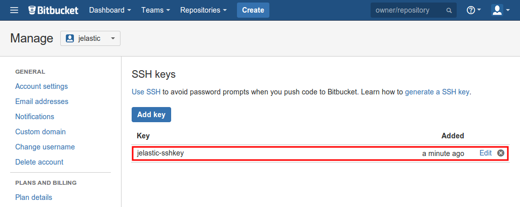 Bitbucket SSH key added