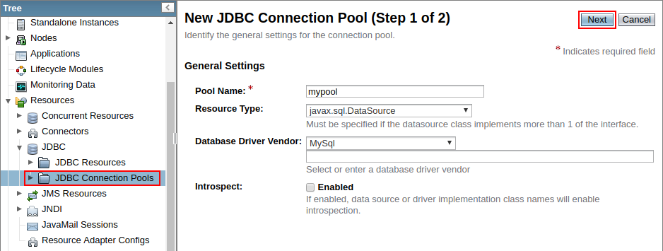 create new JDBC connection pool
