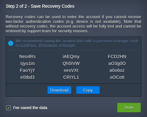 save recovery codes