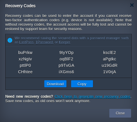 updated recovery codes